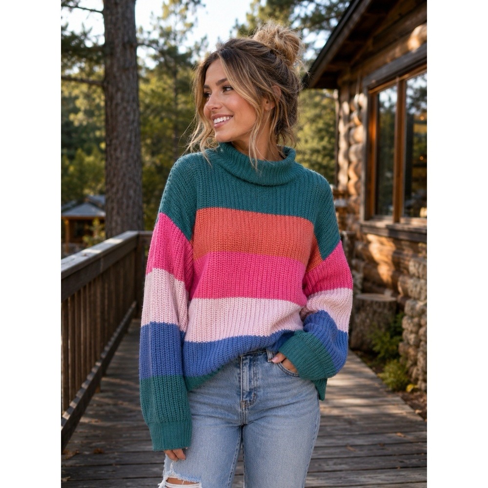 American Eagle Chunky Knit Sweater Womens Medium Multicolor Mock Neck Cozy